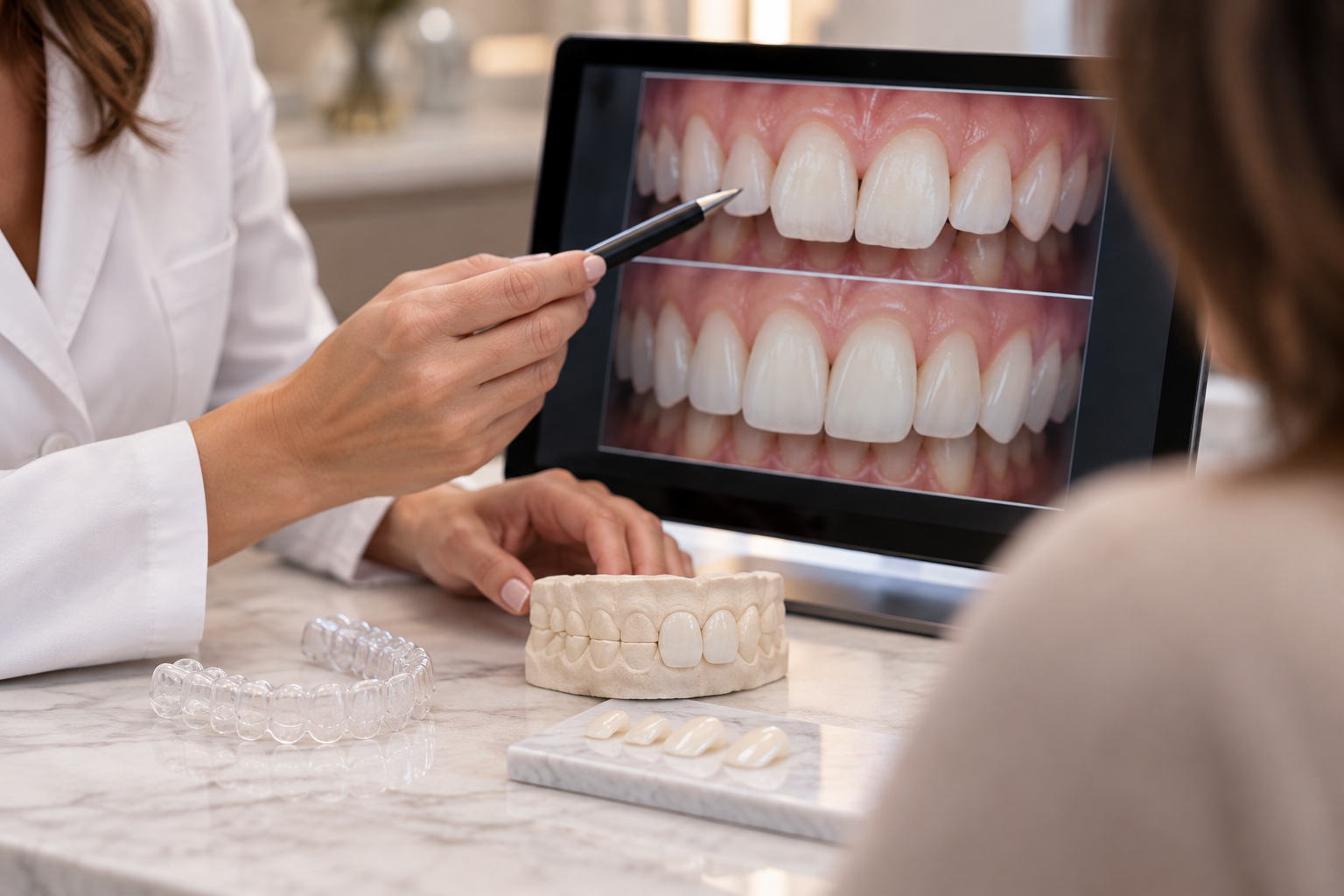 Dentist reviewing tooth alignment and veneer treatment options with a patient