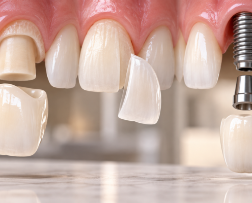 Dental crown, porcelain veneer, and dental implant shown in separated components