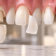 Dental crown, porcelain veneer, and dental implant shown in separated components