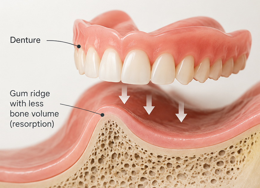 Loose denture over a reduced jaw ridge after bone resorption