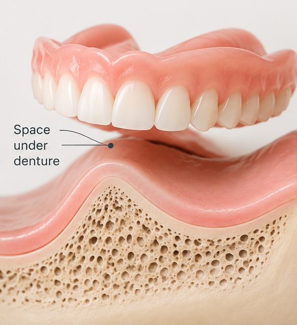 Loose denture showing space between the denture and gum ridge