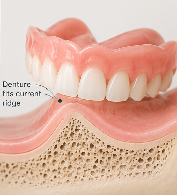 New denture fitted closely to the current shape of the gum ridge