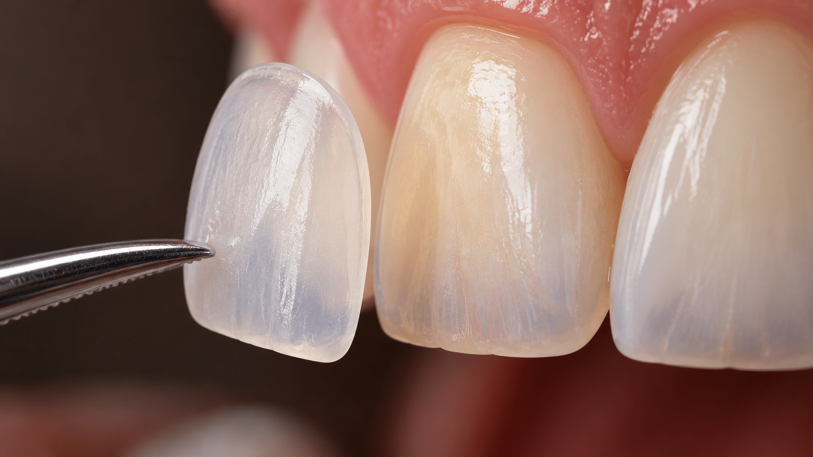 Thin porcelain veneer held beside a natural front tooth showing translucency and underlying tooth color