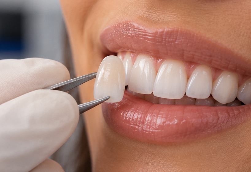 Porcelain veneer being positioned on a front tooth