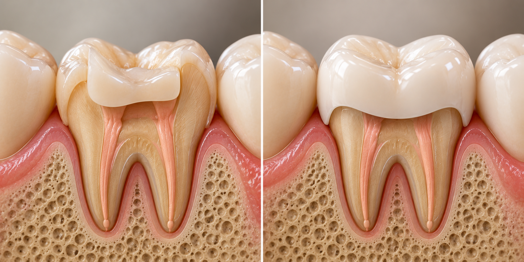 Root canal treated molar comparing partial onlay coverage with a full dental crown