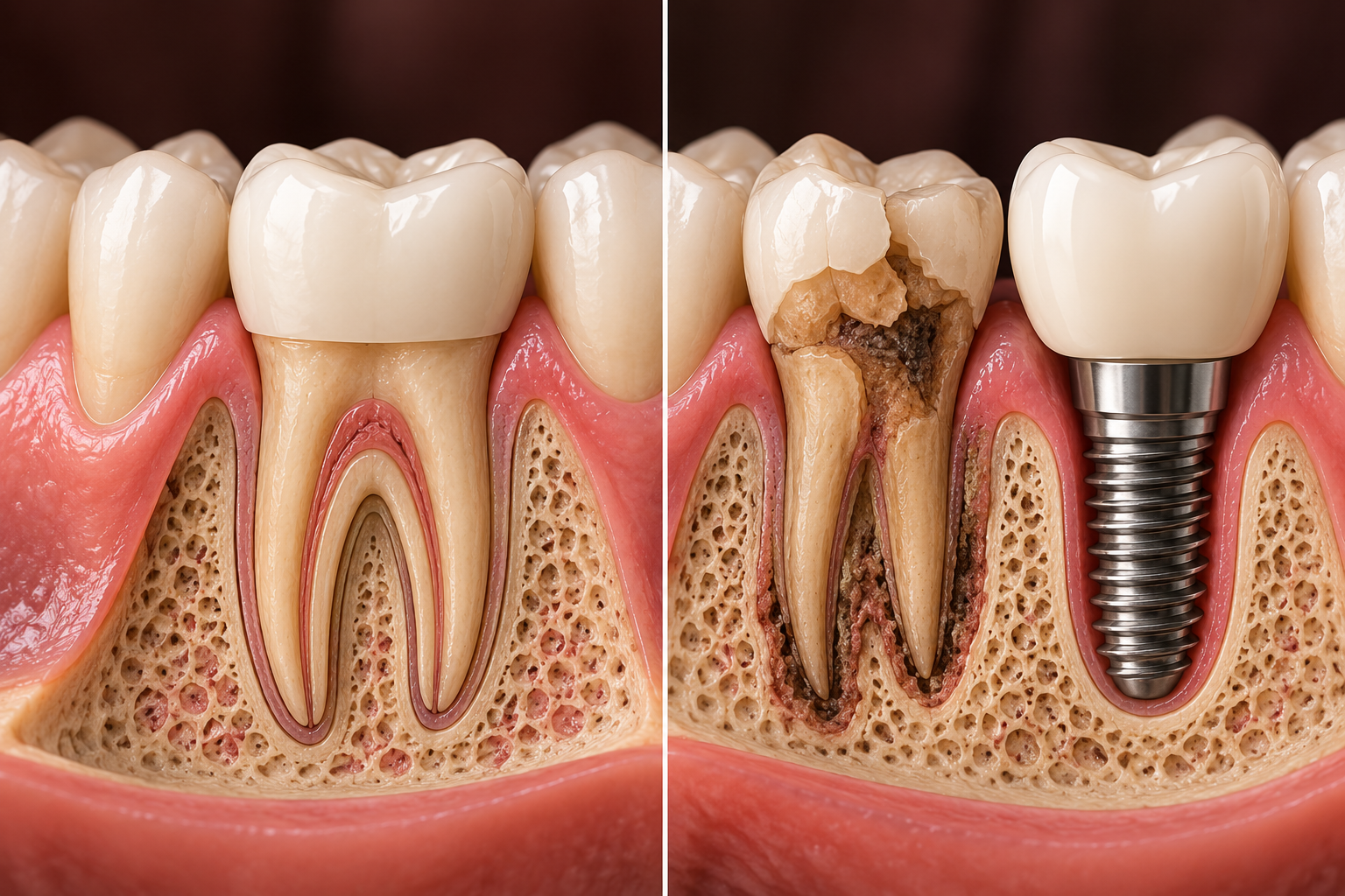 Comparison of a restorable natural tooth and a severely damaged tooth next to a dental implant