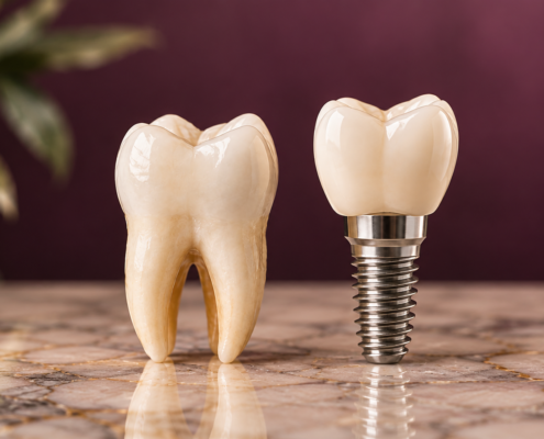 Natural tooth and dental implant shown side by side