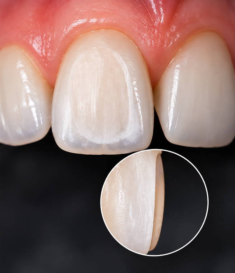 Front tooth after conservative preparation for a ceramic veneer