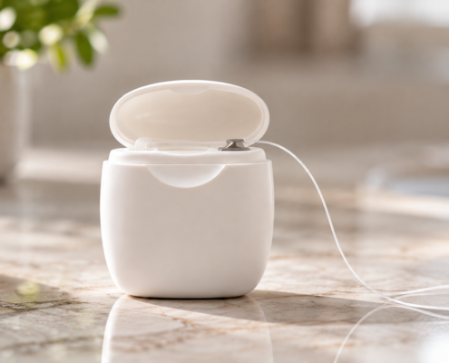 Dental floss sitting on a bathroom counter as part of a daily oral hygiene routine